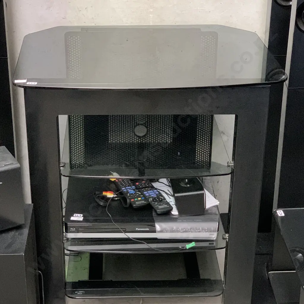 Modernist 4 Tier Entertainment Unit. Black smoke glass. H73 W70 D56cm Image 1++