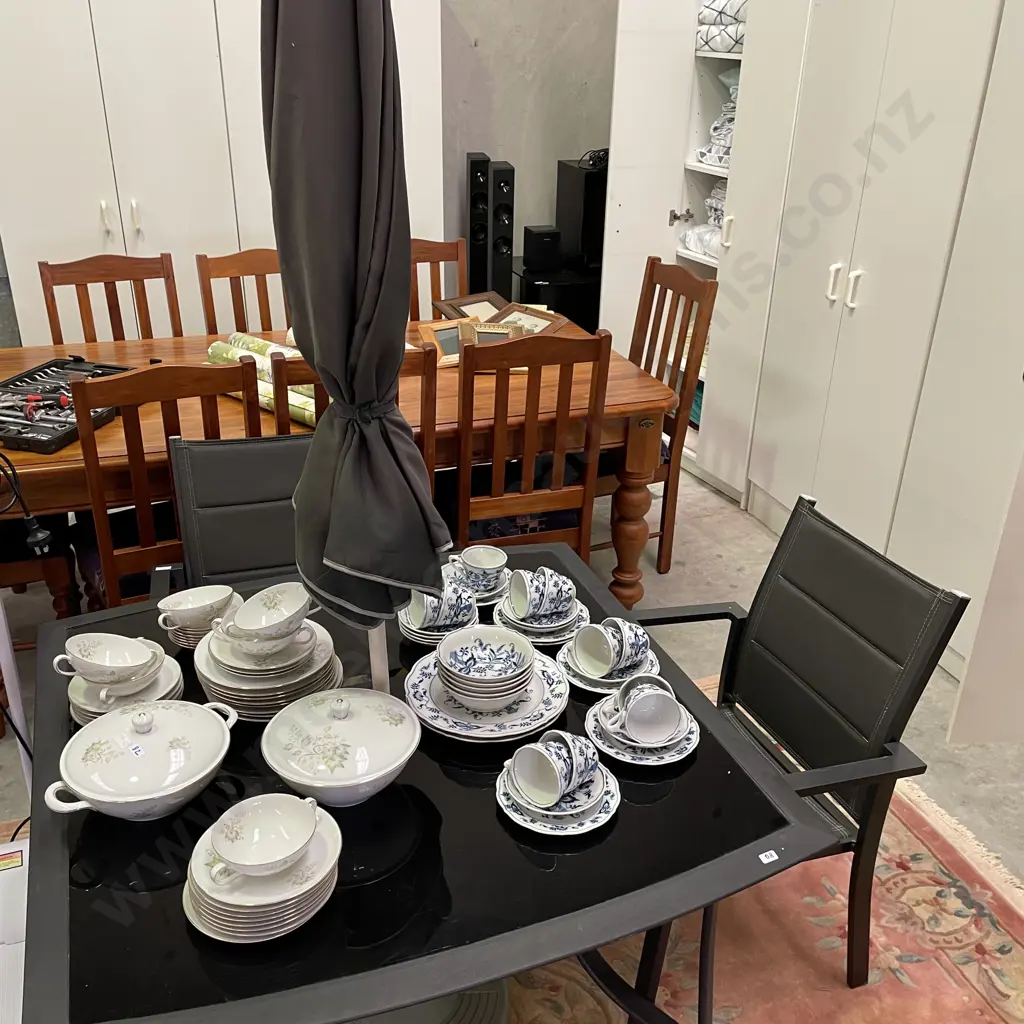 Metal Outdoor 3 Piece Set - Square Glass Table Top, 102cm Square, with Umbrella and Base Image 1++