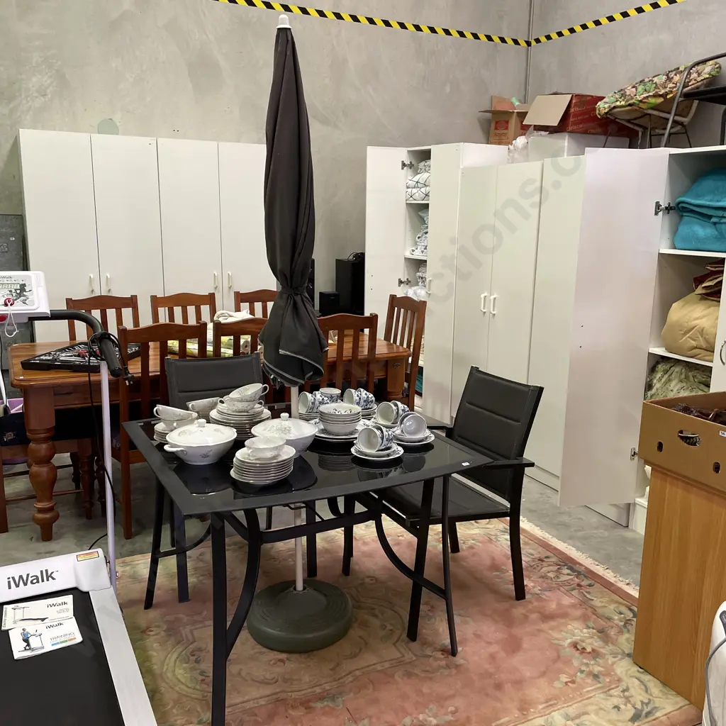 Metal Outdoor 3 Piece Set - Square Glass Table Top, 102cm Square, with Umbrella and Base Image 1++