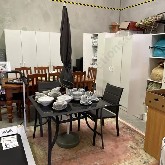 Metal Outdoor 3 Piece Set - Square Glass Table Top, 102cm Square, with Umbrella and Base