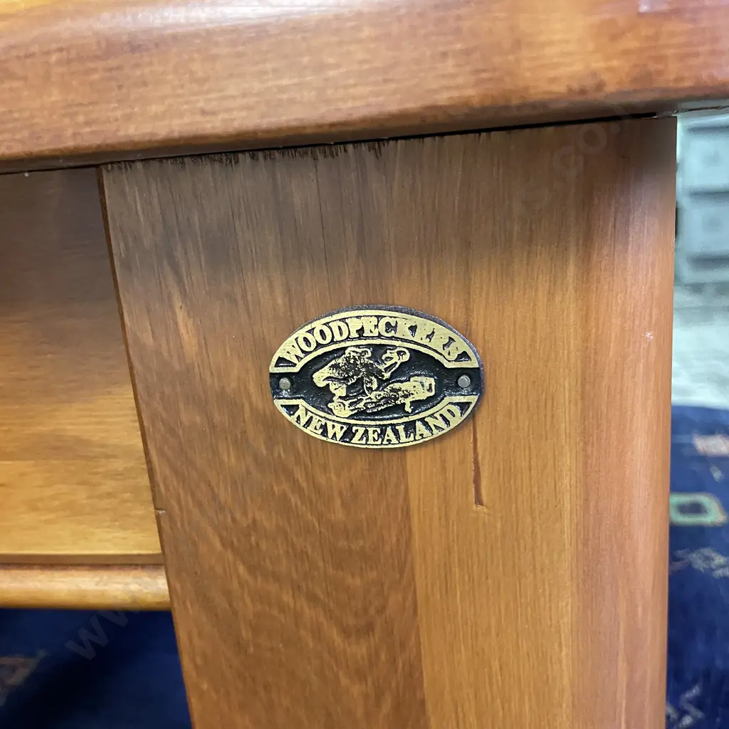 Woodpeckers Solid Rimu 9 Piece Dining Suite, Slat Back Chairs with Navy patterned Fabric. Table 200 x 100cm, H78cm Image 1++