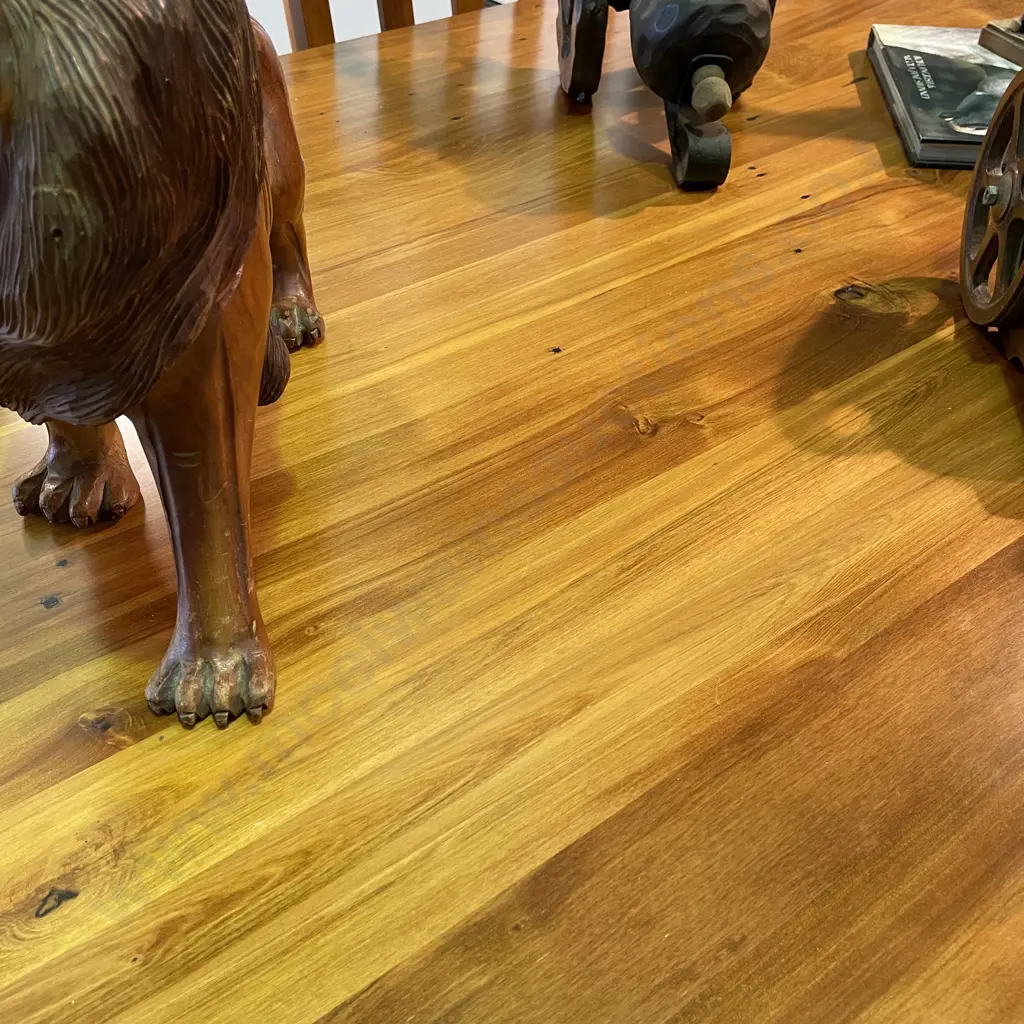 Woodpeckers Solid Rimu 9 Piece Dining Suite, Slat Back Chairs with Navy patterned Fabric. Table 200 x 100cm, H78cm Image 1++