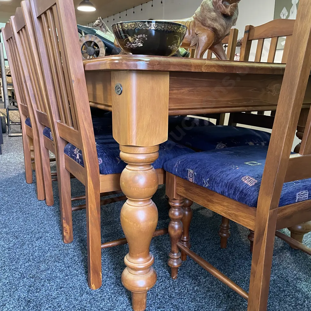 Woodpeckers Solid Rimu 9 Piece Dining Suite, Slat Back Chairs with Navy patterned Fabric. Table 200 x 100cm, H78cm Image 1++