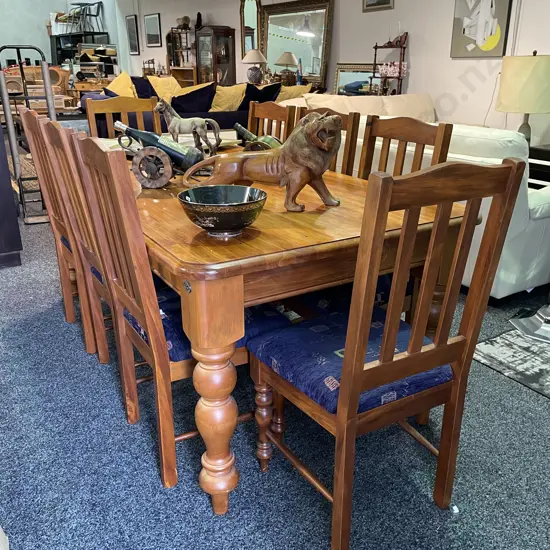 Woodpeckers Solid Rimu 9 Piece Dining Suite, Slat Back Chairs with Navy patterned Fabric. Table 200 x 100cm, H78cm