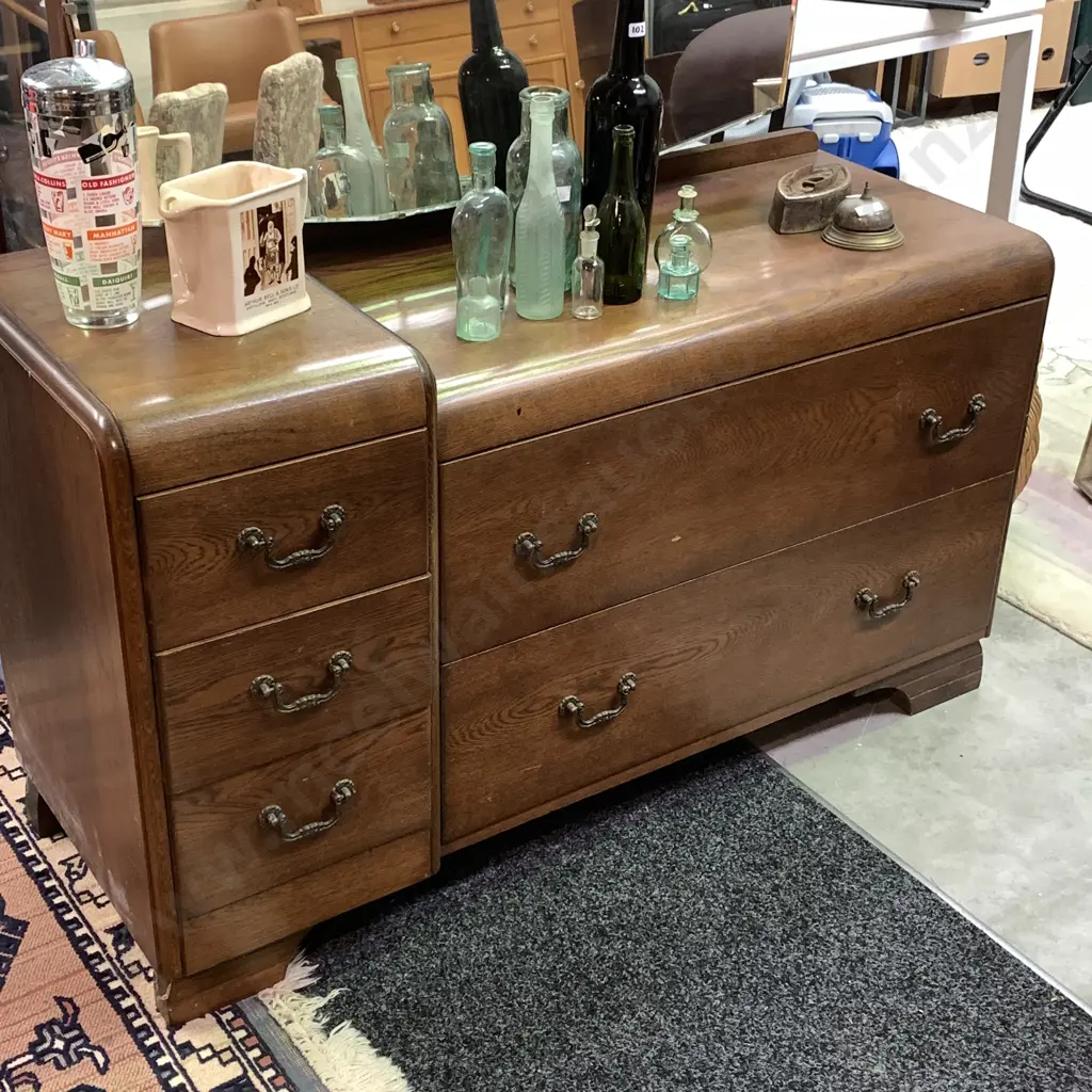 Vintage Solid Oak Art Deco Dressing table with mirror. 5 drawer, metal handles. Image 1++