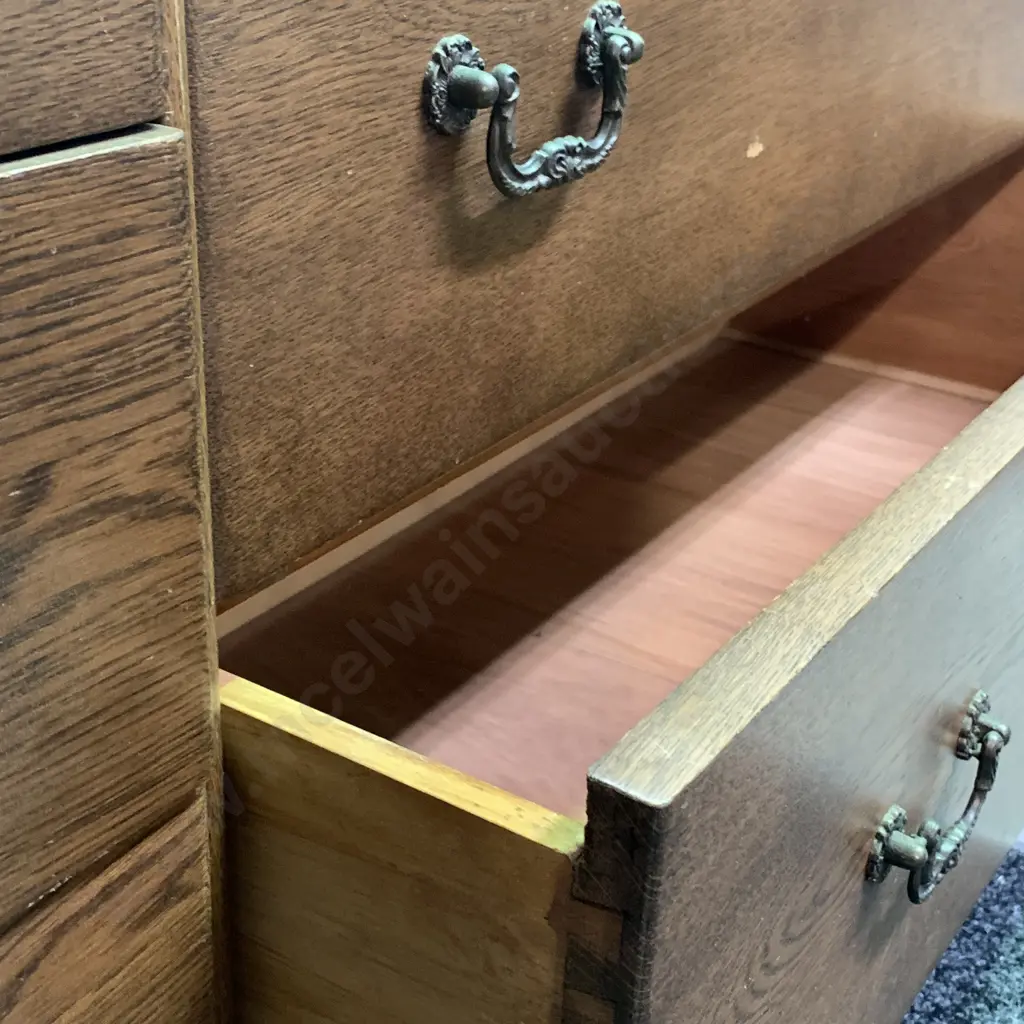 Vintage Solid Oak Art Deco Dressing table with mirror. 5 drawer, metal handles. Image 1++