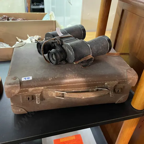Vintage Small Leather Suitcase with Vintage Tento Binoculars