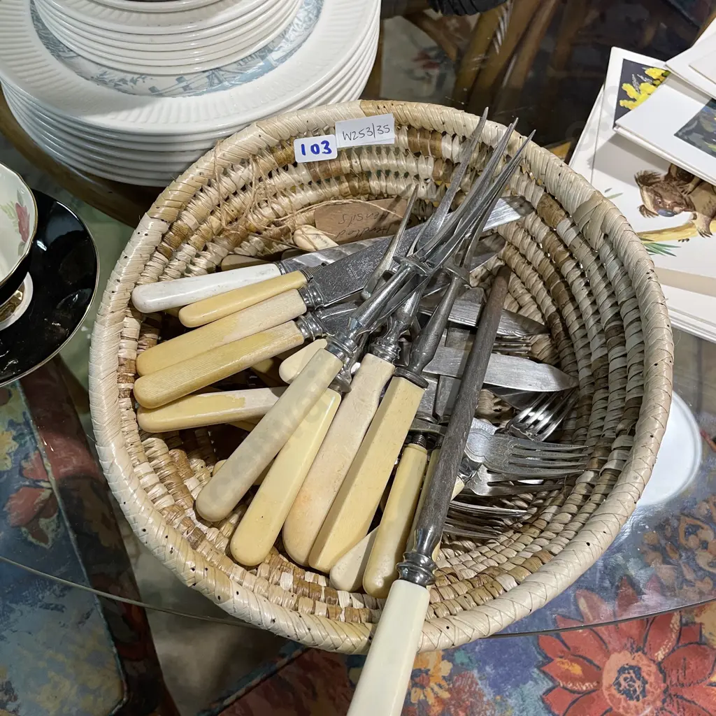 Assortment of Vintage Cutlery including bone handled knives with basket Image 1++