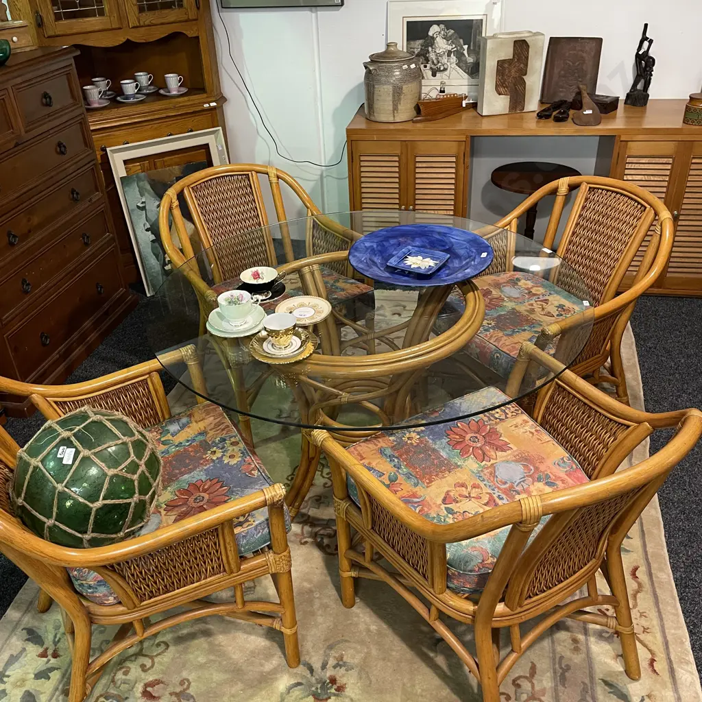 5 Piece Cane Dining Suite, Glass Top Table Dia 122cm, Patterned Fabric Squab Seat on Cane Chairs Image 1++