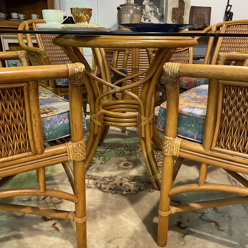 5 Piece Cane Dining Suite, Glass Top Table Dia 122cm, Patterned Fabric Squab Seat on Cane Chairs Image 1++