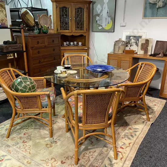 5 Piece Cane Dining Suite, Glass Top Table Dia 122cm, Patterned Fabric Squab Seat on Cane Chairs