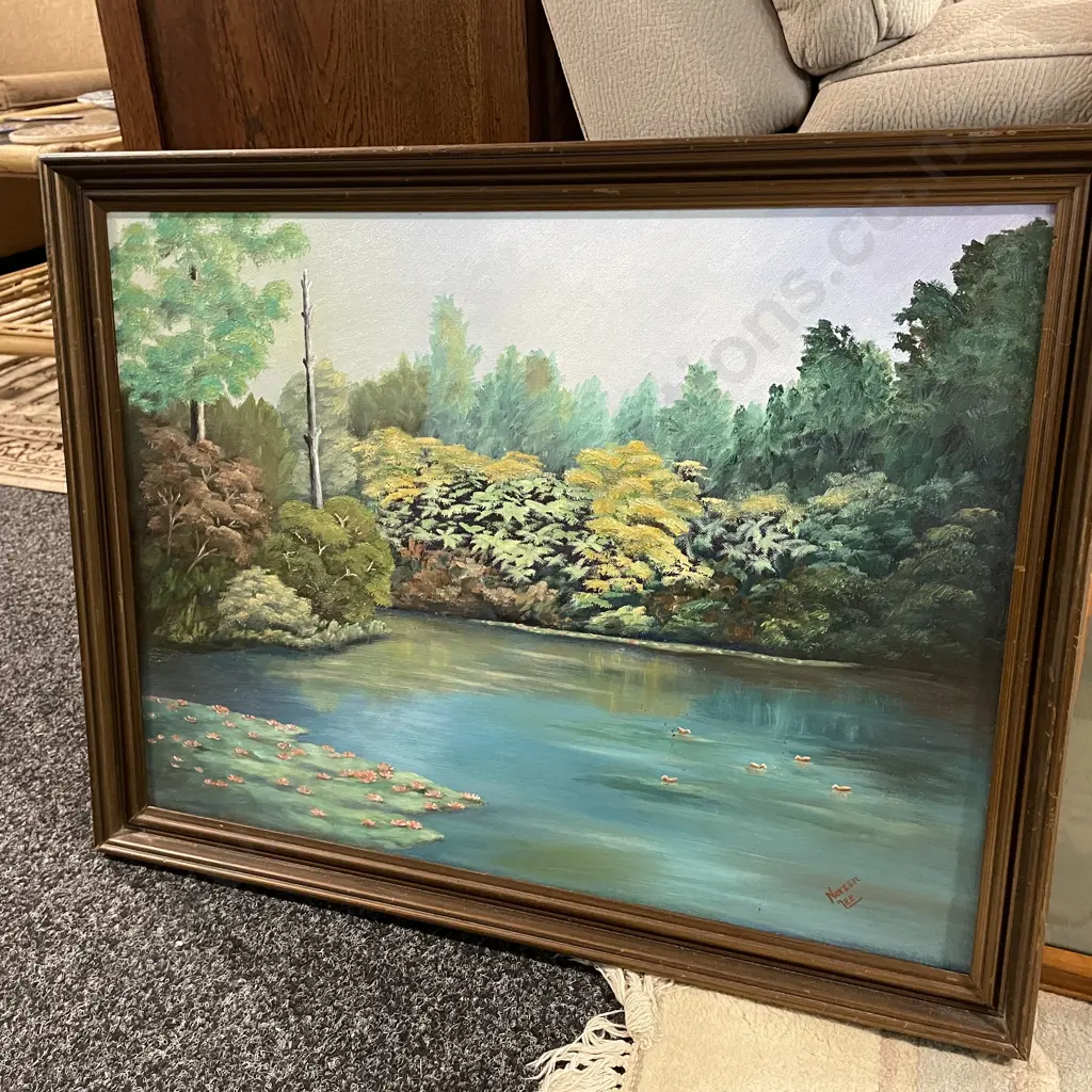 2 Framed Artworks. Oil on Board, by Noreen Miller, and 'Fantail Chicks' Print Image 1++