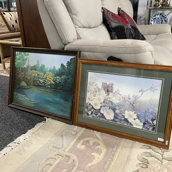 2 Framed Artworks. Oil on Board, by Noreen Miller, and 'Fantail Chicks' Print