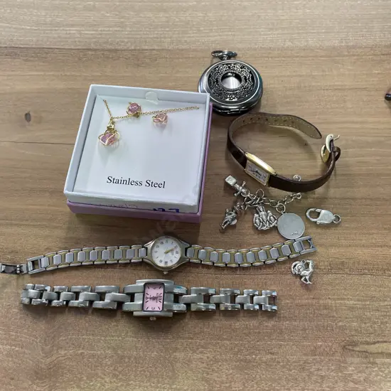 Various jewellery items. Silver charm bracelet, boxed set, pocket watch case, 3 watches