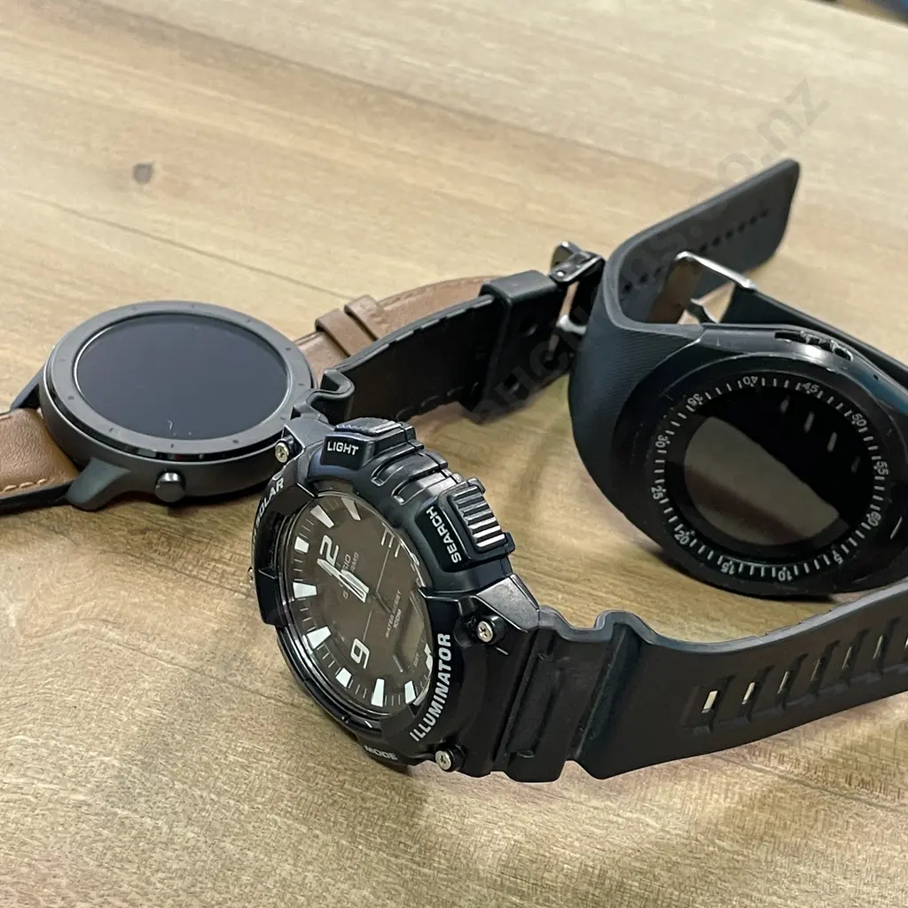 Three Watches. Black smart watch 6CL3JS, Black digital 6K15VJ, Black Casio 6BT8FZ Image 1++