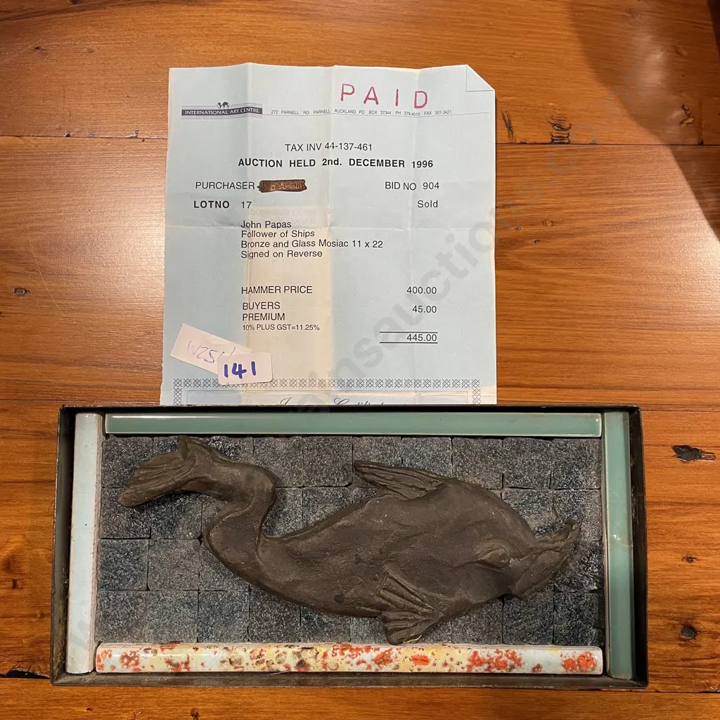 John Papas Follower of Ships Bronze and Glass Mosaic Tile. 11 x 22cm. Signed with original receipt Image 1++