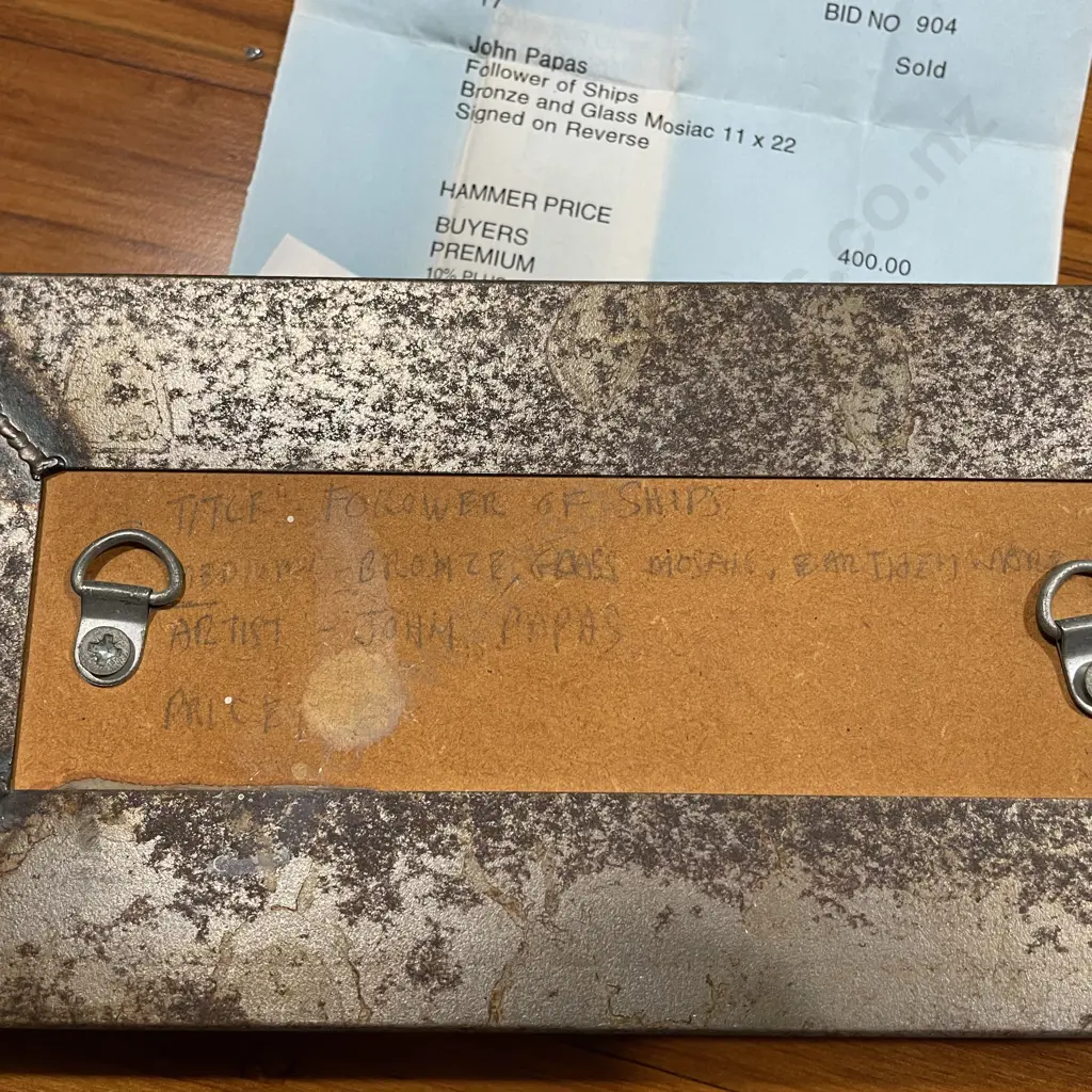 John Papas Follower of Ships Bronze and Glass Mosaic Tile. 11 x 22cm. Signed with original receipt Image 1++