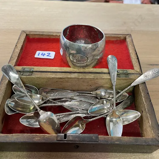 Set of 13 Antique Sterling Silver Teaspoons in Wooden Box Hallmarked as shown. With Napkin Holder/Ring