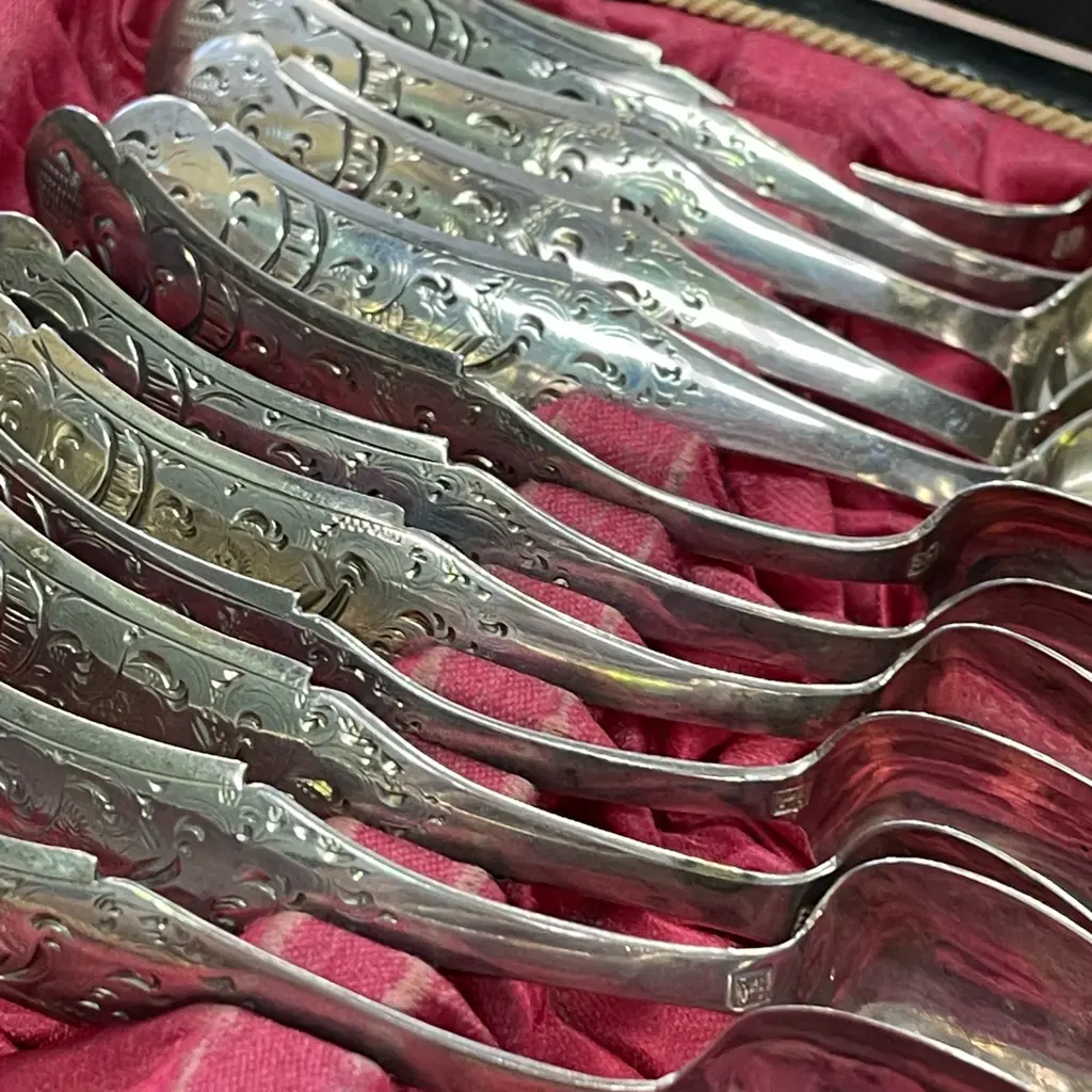 Antique Set of 12 Sterling Silver Teaspoons. Etched Handles Hallmarks as shown in photographs, Silk Lined Box Image 1++