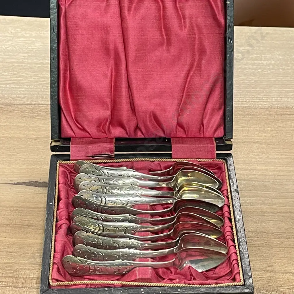 Antique Set of 12 Sterling Silver Teaspoons. Etched Handles Hallmarks as shown in photographs, Silk Lined Box Image 1++