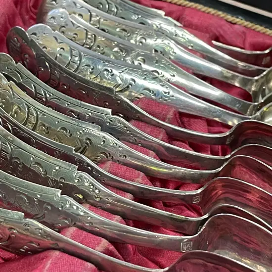 Antique Set of 12 Sterling Silver Teaspoons. Etched Handles Hallmarks as shown in photographs, Silk Lined Box