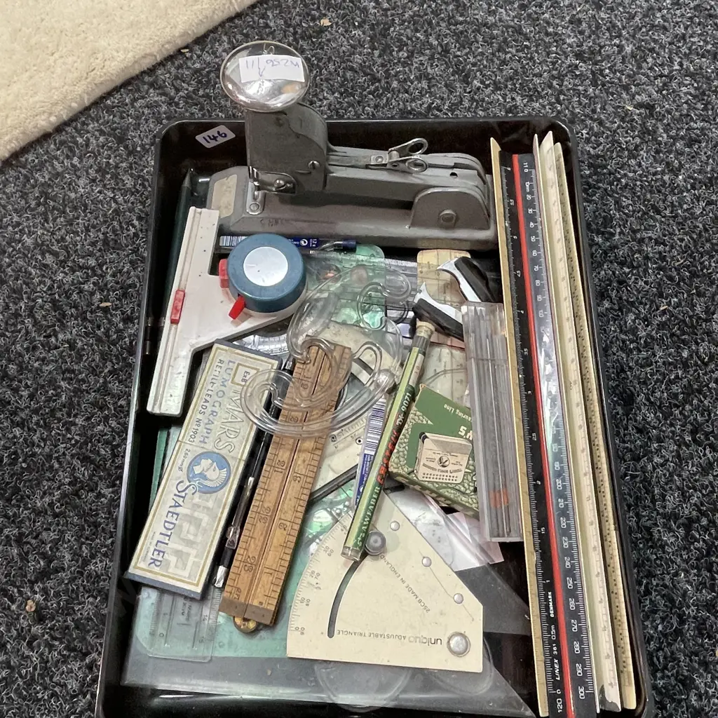 Selection of Vintage Stationery items in tray including vintage Stapler Image 1++