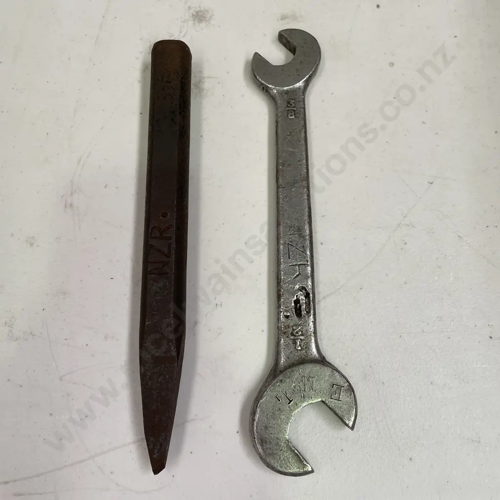 2 Vintage NZ Railways Items, Spanner and Cast Iron Nail Punch Tool Image 1++