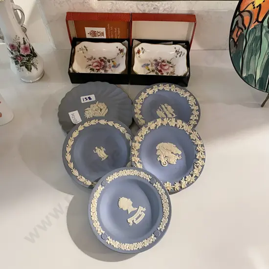 pair Boxed Royal Crown Derby "Derby Posies" dishes with selection of Wedgwood Blue Jasperware dishes
