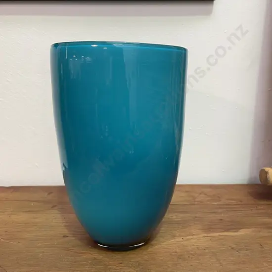 Mid Century Art Glass Vase Teal with White Interior, H22 Dia15cm