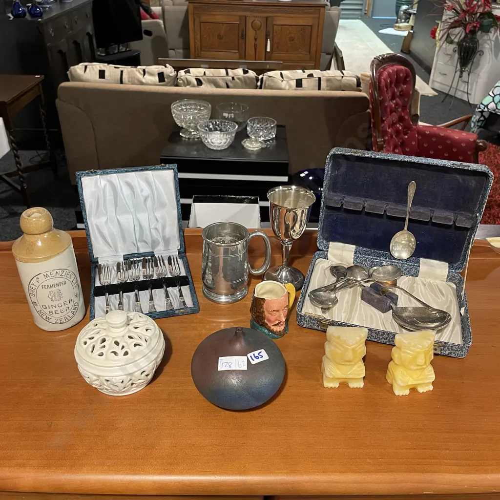 Assorted collectables including marble figures, stoneware bottle, silverware, toby etc Image 1++