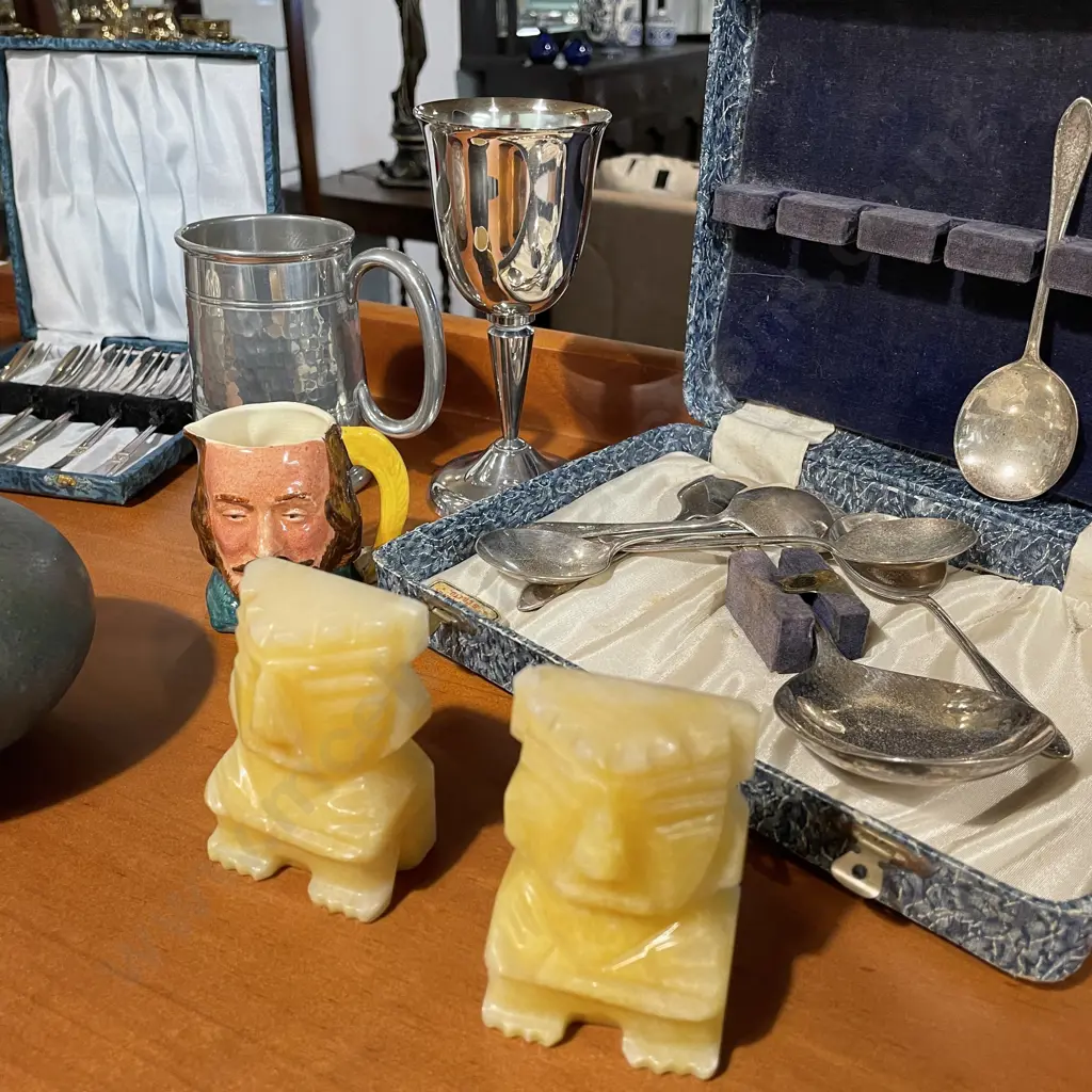 Assorted collectables including marble figures, stoneware bottle, silverware, toby etc Image 1++