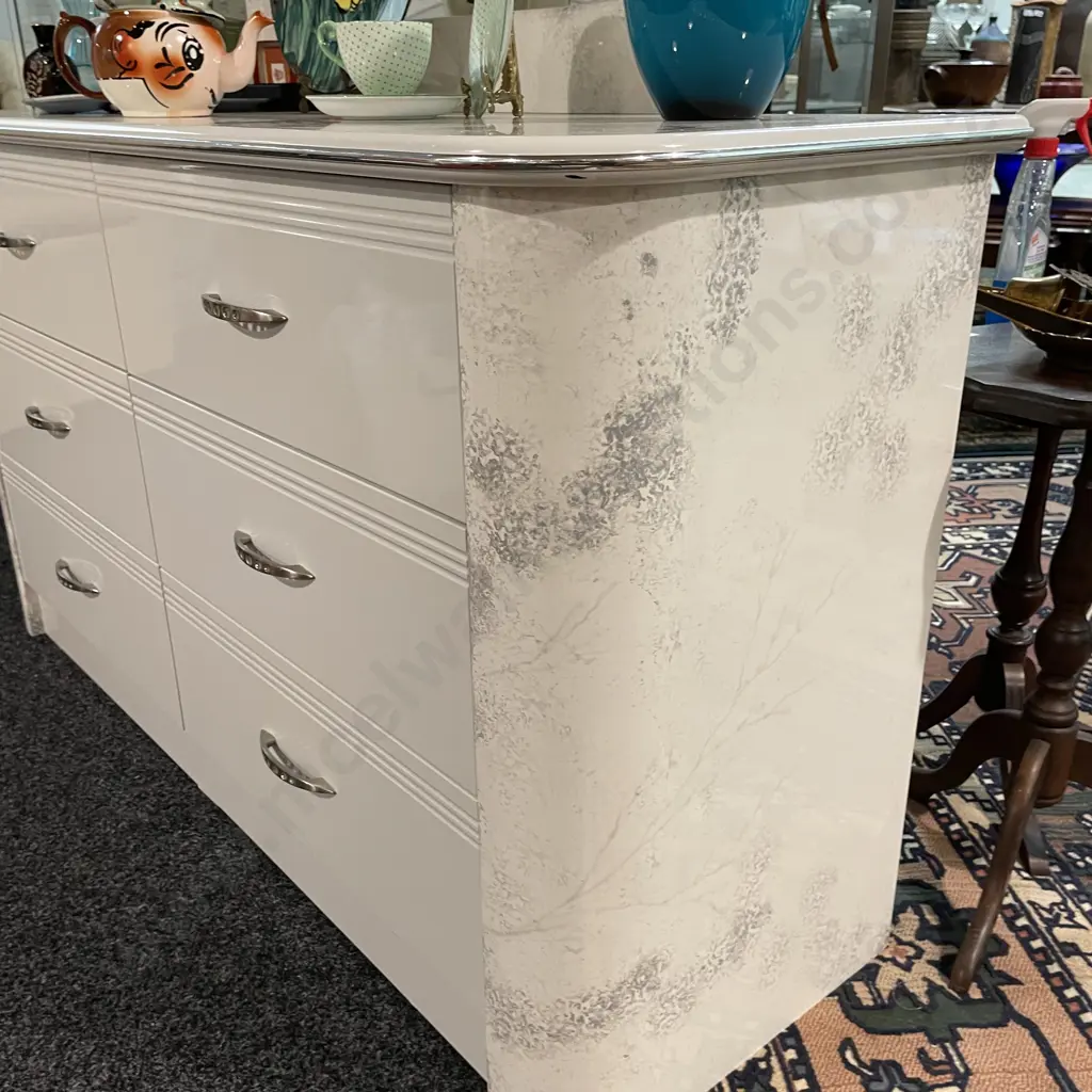 Harvey Norman White Marble Effect 6 Drawer Dressing Table with Arched Mirror. Unit H77 W143 D45cm. Mirror H110cm Image 1++