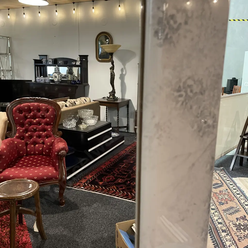 Harvey Norman White Marble Effect 6 Drawer Dressing Table with Arched Mirror. Unit H77 W143 D45cm. Mirror H110cm Image 1++