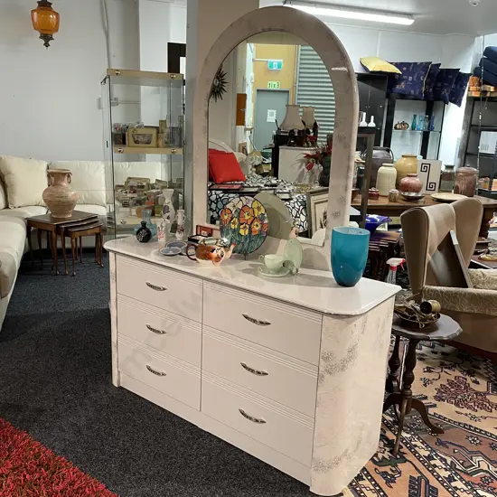 Harvey Norman White Marble Effect 6 Drawer Dressing Table with Arched Mirror. Unit H77 W143 D45cm. Mirror H110cm