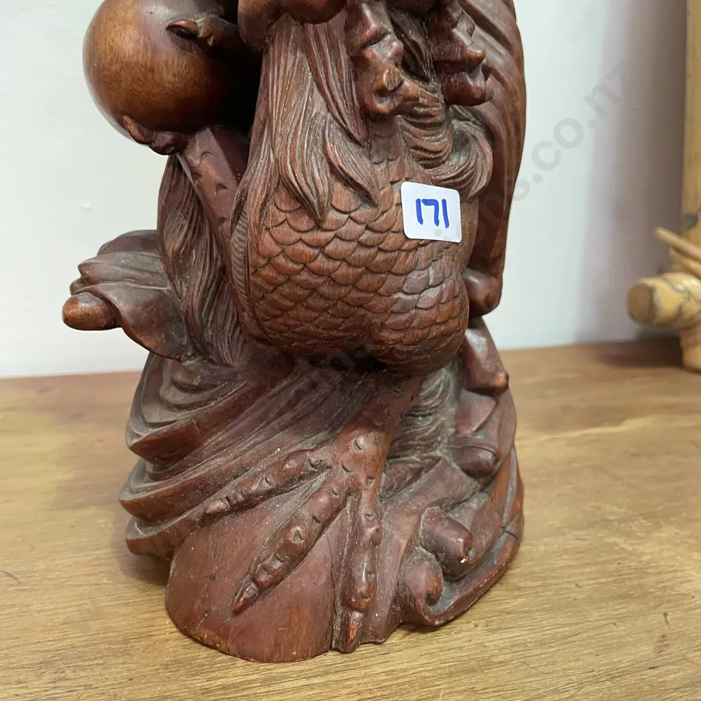 Chinese Carved Rosewood Mythical Dragon figurine. Glass eyes. Signed on base. H36cm Image 1++