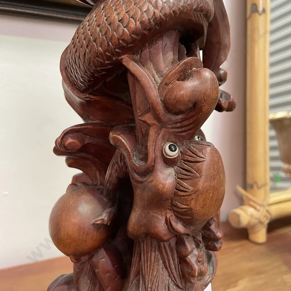 Chinese Carved Rosewood Mythical Dragon figurine. Glass eyes. Signed on base. H36cm Image 1++
