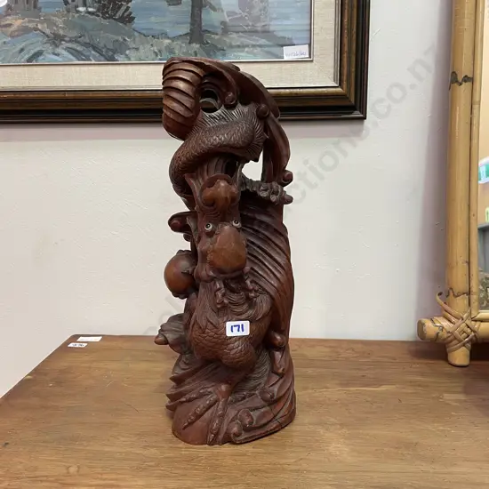 Chinese Carved Rosewood Mythical Dragon figurine. Glass eyes. Signed on base. H36cm