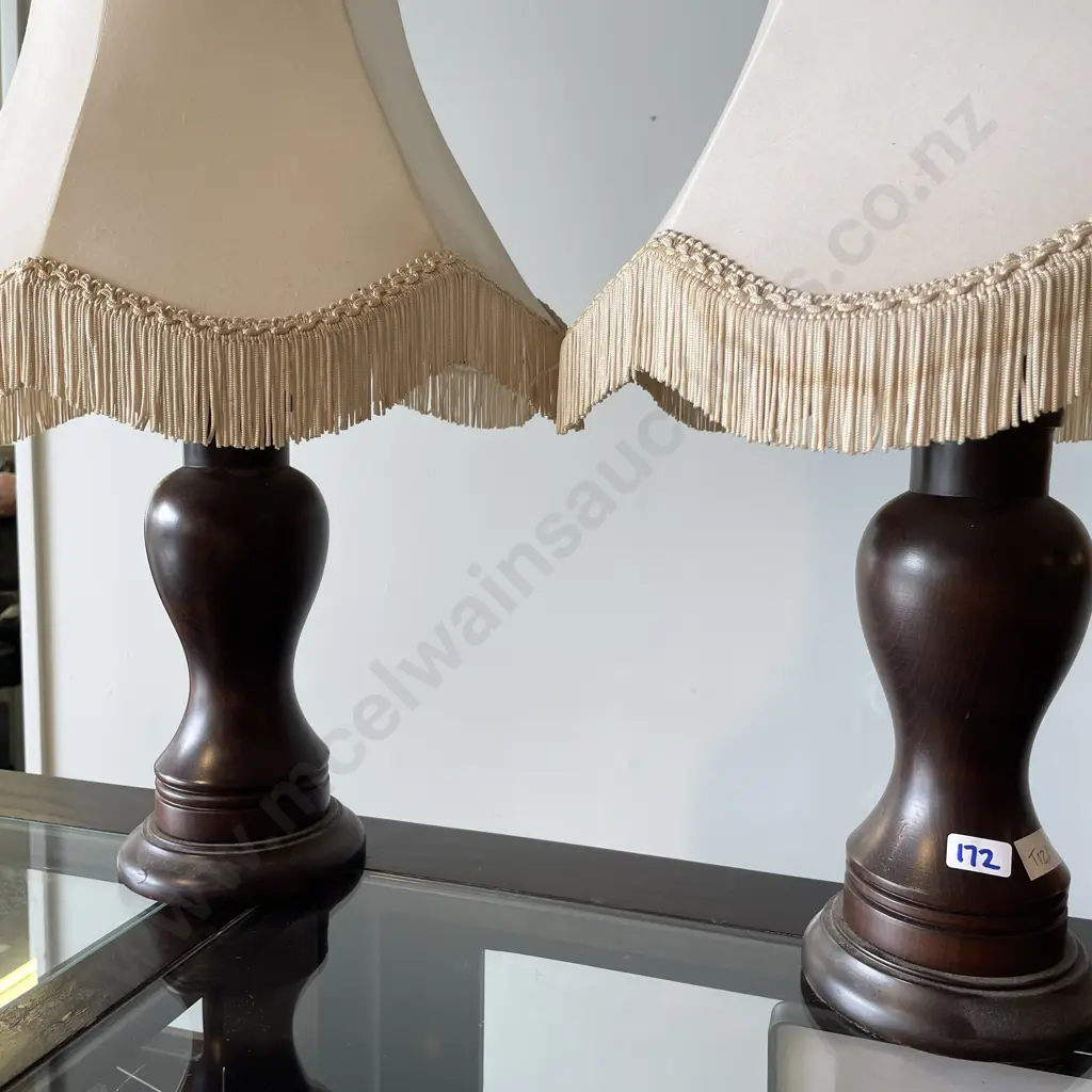 Pair of Vintage Wooden Table Lamps with Cream Tassle Shades. H56cm Image 1++