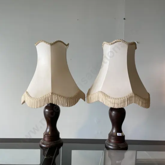 Pair of Vintage Wooden Table Lamps with Cream Tassle Shades. H56cm