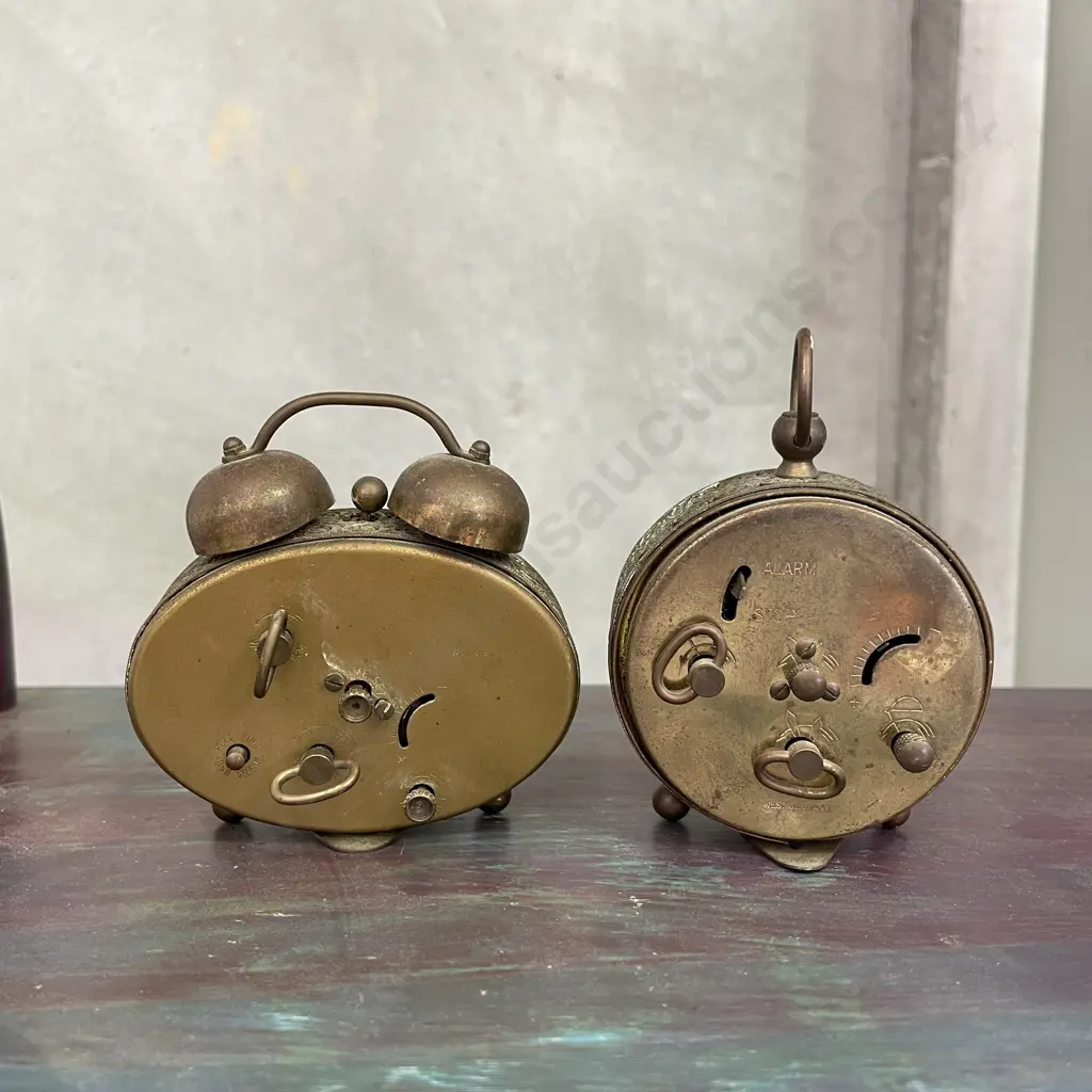 Pair of Vintage Ornate German Brass Alarm Clocks Image 1++