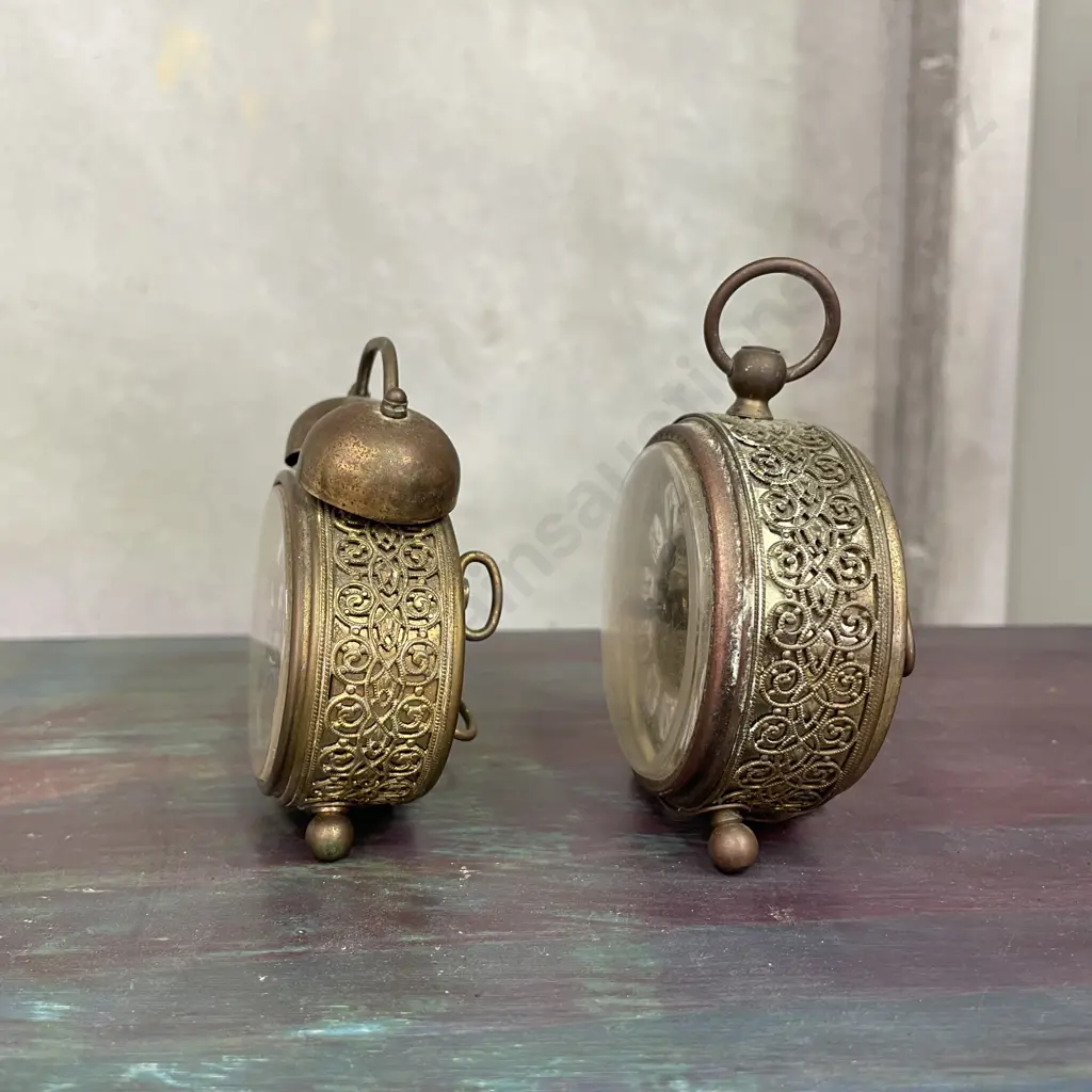 Pair of Vintage Ornate German Brass Alarm Clocks Image 1++