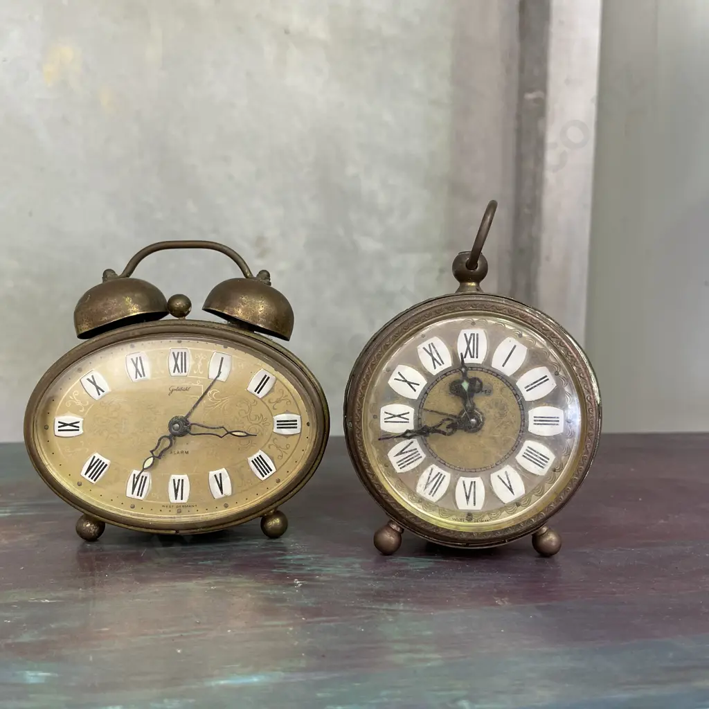 Pair of Vintage Ornate German Brass Alarm Clocks Image 1++