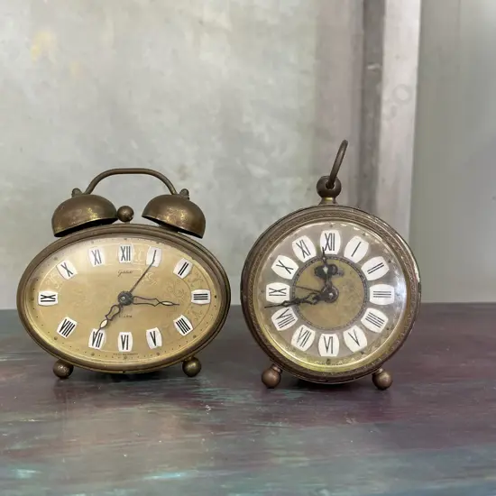 Pair of Vintage Ornate German Brass Alarm Clocks