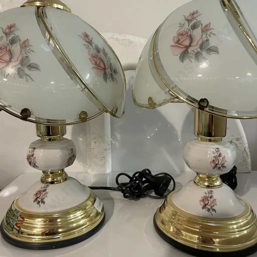 Pair of Touch Lamps with glass shades, rose decoration and brass detail. Working condition Image 1++