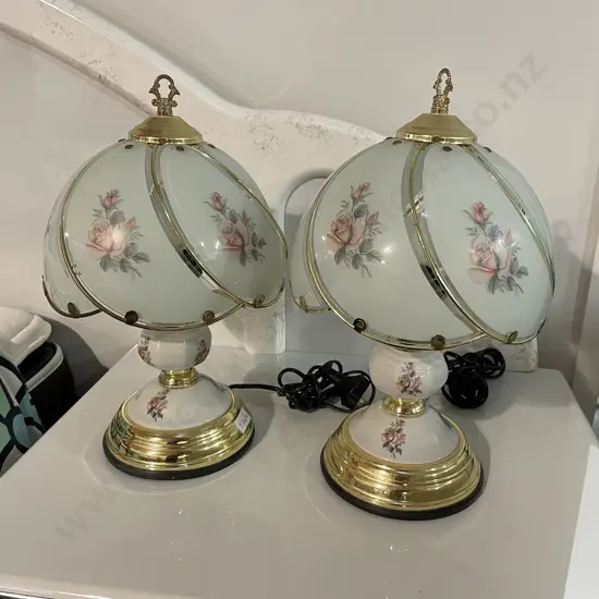 Pair of Touch Lamps with glass shades, rose decoration and brass detail. Working condition