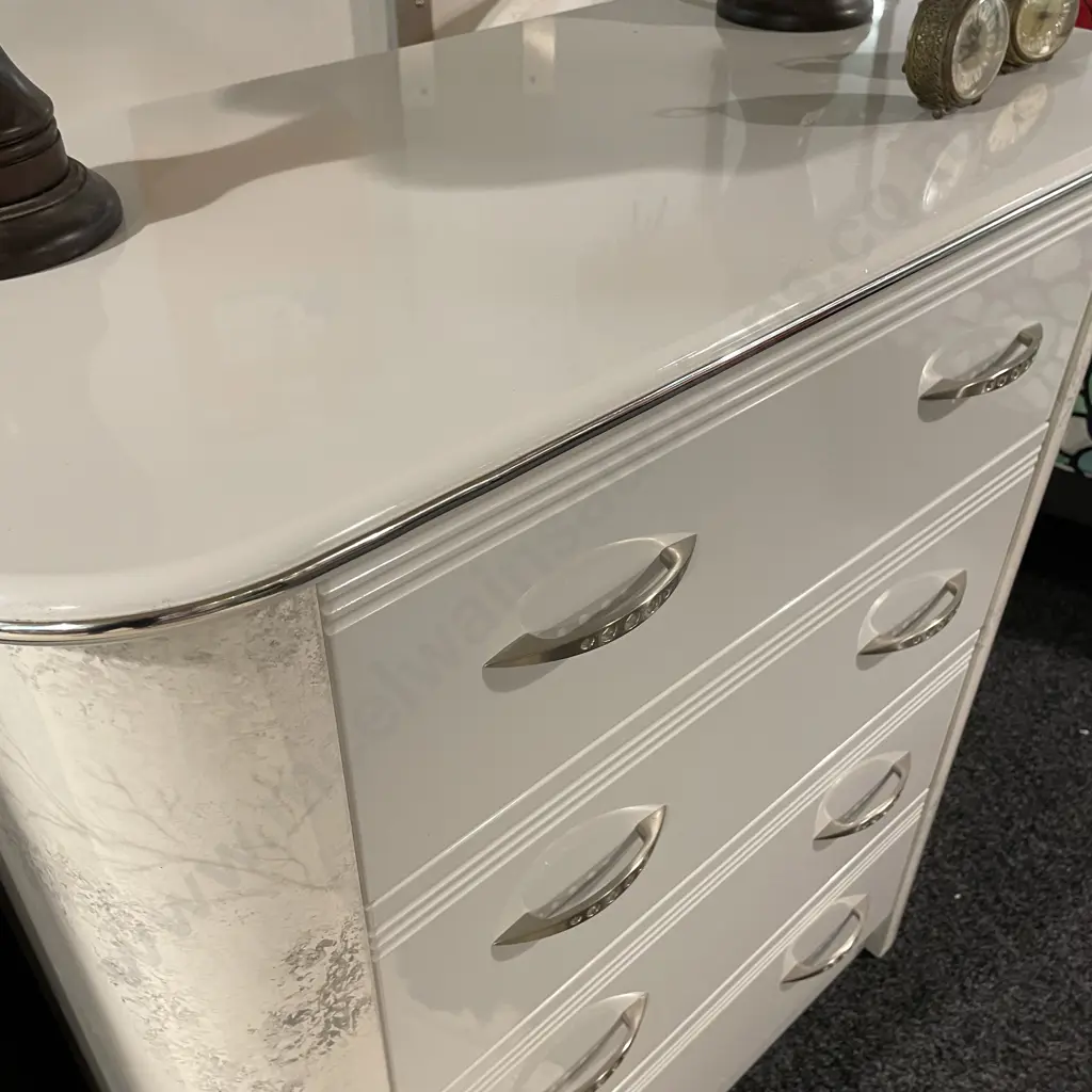 Harvey Norman White Marble Effect 4 Drawer Tall Boy. H98 W91 D46cm. Modernist Chrome Handles and Trim Image 1++