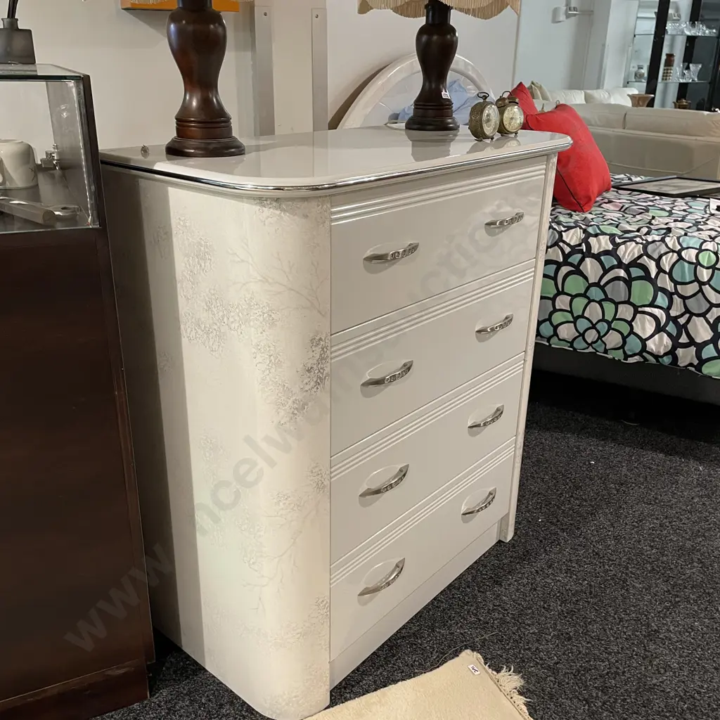 Harvey Norman White Marble Effect 4 Drawer Tall Boy. H98 W91 D46cm. Modernist Chrome Handles and Trim Image 1++