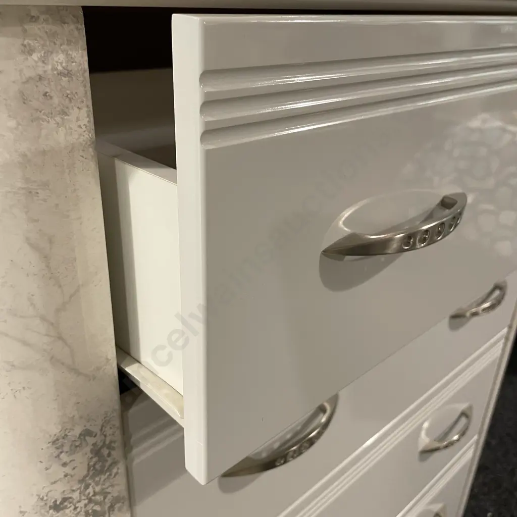 Harvey Norman White Marble Effect 4 Drawer Tall Boy. H98 W91 D46cm. Modernist Chrome Handles and Trim Image 1++