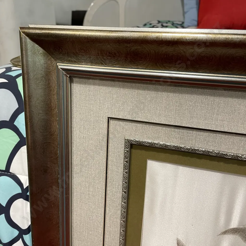 Framed Silk Artwork of flowers and Koi fish. Metallic accents. Silver framed. 70 x 70cm including frame. Image 1++