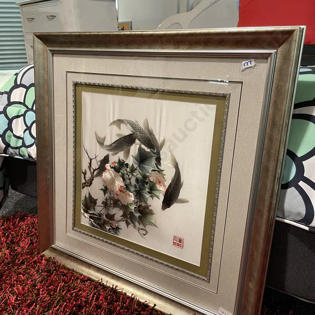 Framed Silk Artwork of flowers and Koi fish. Metallic accents. Silver framed. 70 x 70cm including frame. Image 1++